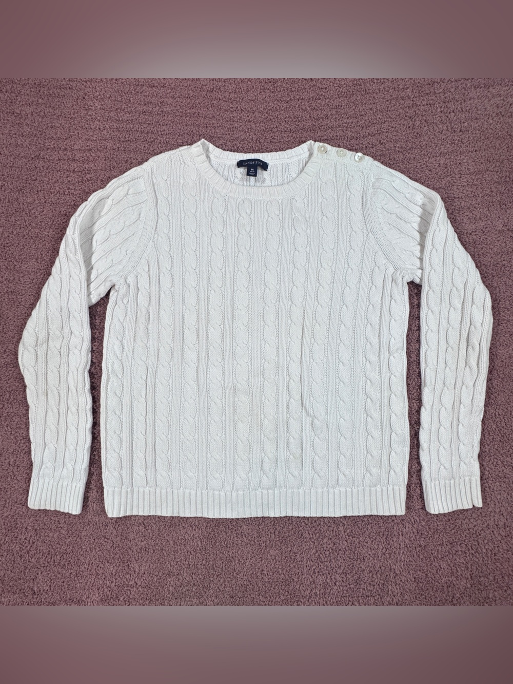 Land’s End White 100% Cotton Cable-Knit Sweater with Shoulder Buttons, M (10-12)